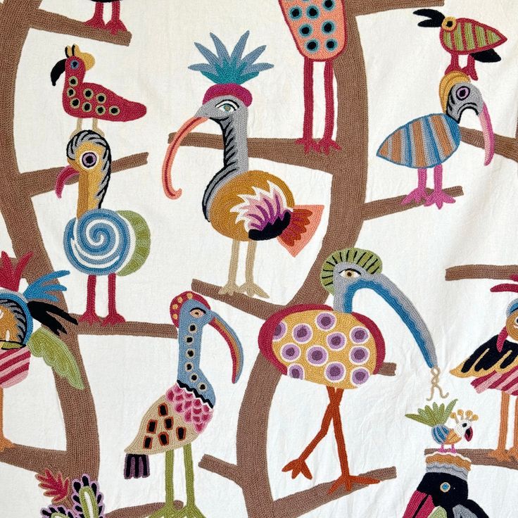 an image of colorful birds on tree branches in the forest with white background and multicolored fabric