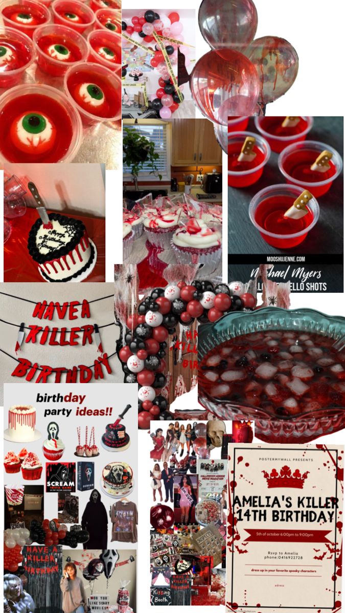 a collage of photos with red and black items in them, including candles, cake, candy, and other decorations