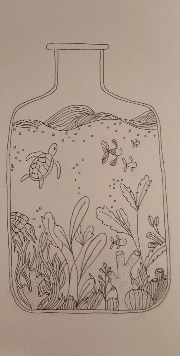 a drawing of a bottle with sea life inside