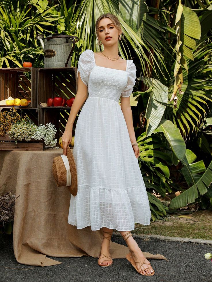 Vestido Feminino Com Decote Quadrado, Manga Bufante E Saia Rodada Com Detalhes Em Painel Branco elegante,Boho  Manga Curta Tecido Simples Em A Não elástico  Women Clothing, size features are:Bust: ,Length: ,Sleeve Length: Modest And Elegant Dresses, Dress Puff Sleeve, White Flared Dress, Simple Dress Design Ideas, Graduation Dress For Women, Flare Frocks For Women, Short Frocks For Women Fashion Outfits, Square Neck Frocks, Sleeves For Frocks