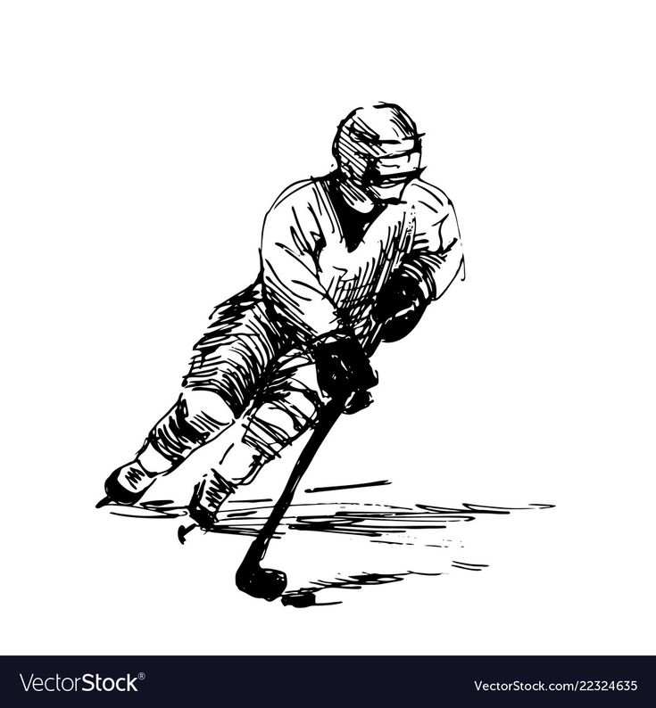 an ink drawing of a hockey player in action with the pucker behind him, on a white background