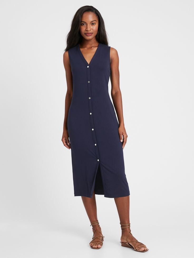 SOFT & STRETCHY: This t-shirt soft, high-stretch jersey knit fabric has a beautiful drape.  V-neck.  Button front.  Unlined.  Sheath Fit: Tailored fit through the chest, waist, and hips.  Midi length.  Body length (size S): Petite 42. 5", Regular 45. 5", Tall 48. 5" Model: Size XS, 5'10" (178cm) V-neck Rayon Midi Dress With Buttons, Petite Knit, Button Down Midi Dress, Italy Vibes, Simplistic Style, Dream Outfits, Soft Classic, Button Front Dress, Midi Shirt Dress