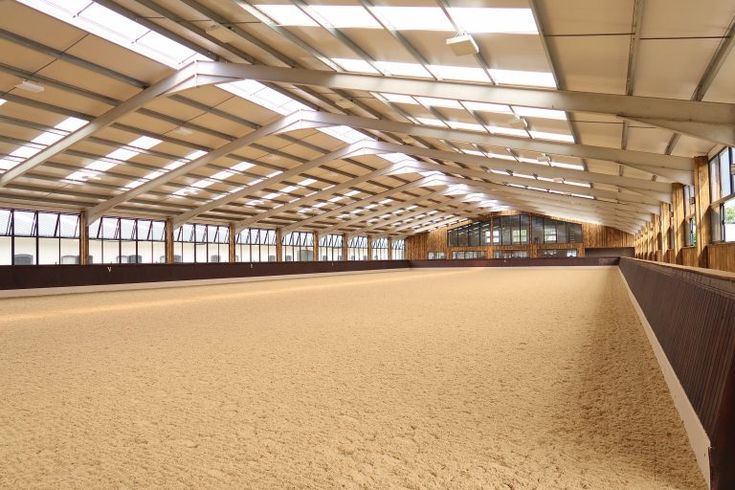 the inside of an indoor horse barn with lots of windows and white carpet on the floor