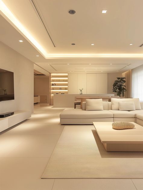 a modern living room with white furniture and lighting