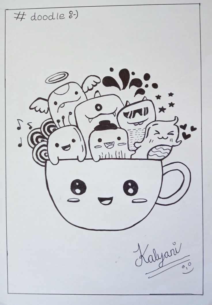 a black and white drawing of a cup filled with cute little things on top of it