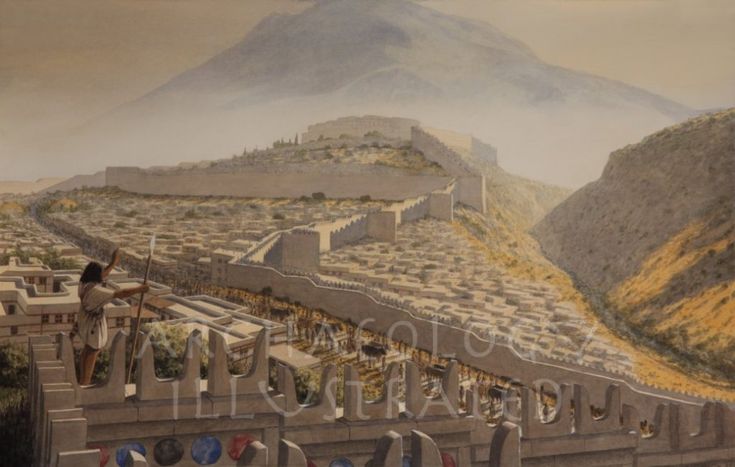 a painting of a city with mountains in the background and people standing on top of it