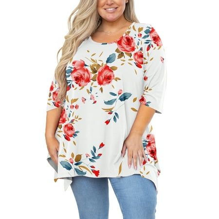 SHOWMALL Plus Size Tunic Top is going to be the newest staple in your wardrobe! It is suitable for everyday wear.The style of this plus size tunic offers a versatile fit that's great in a day for casual entertainment. Size: 3X.  Color: Multicolor.  Gender: female.  Age Group: adult.  Pattern: floral. White Printed Half Sleeve Blouse, White Floral Print Blouse With 3/4 Sleeves, White Floral Print Half Sleeve Tops, Loose Fitting Clothes, Flowy Shirts, Plus Size Tunic, Short Sleeve Tunic Tops, Fitting Clothes, Flowy Shirt