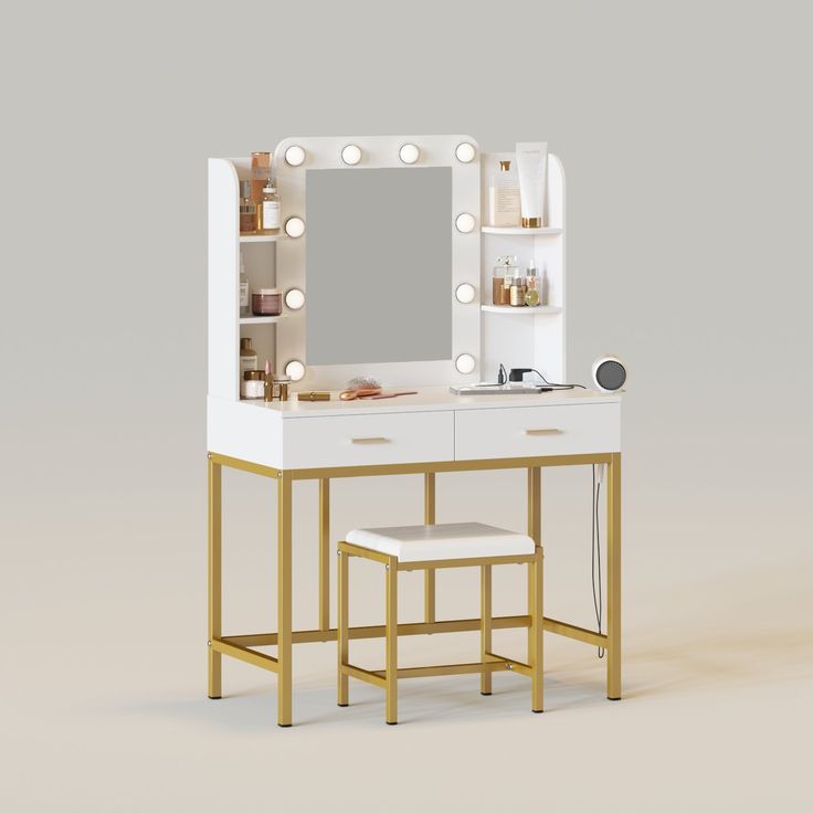 White-with Power Strip Classic Dressing Table, Lights Makeup, Dressing Table With Drawers, Mirrored Vanity Desk, Vanity Table Set, Large Vanity, Lighted Mirror, Mirror With Led Lights, Dressing Table Set