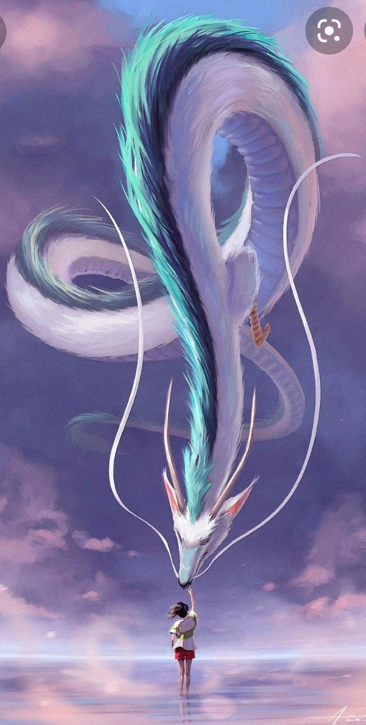 a painting of a dragon flying through the air with its tail curled up and two people standing in front of it