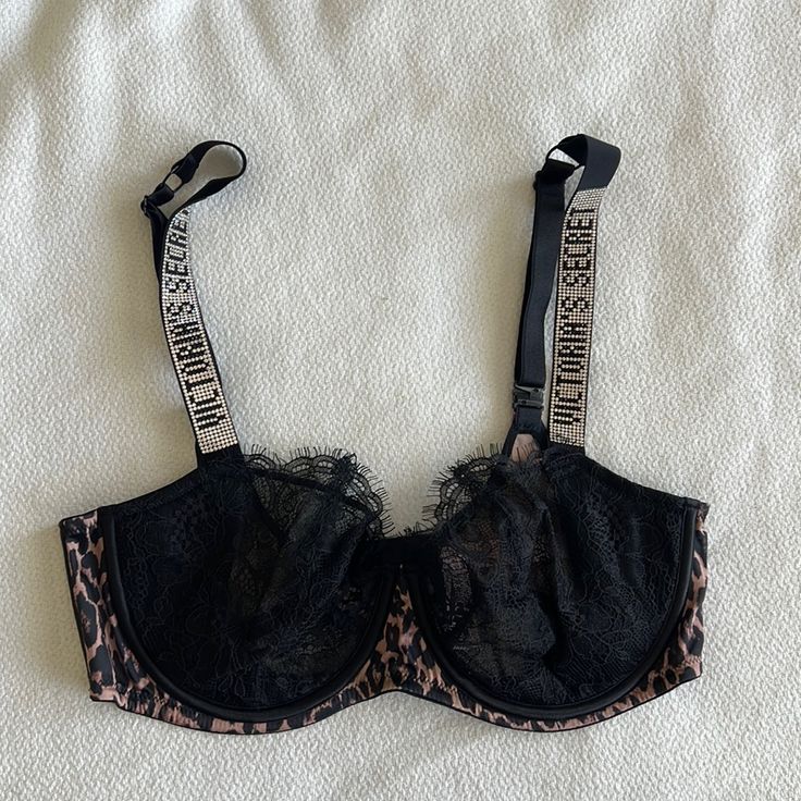 Victoria’s Secret Vs Very Sexy Rhinestone Strap Leopard Print Black Lace Bra. Never Been Worn. 36d Lingerie Animal Print, Leopard Print Bra, Black Lace Corset, Lounge Bra, Corset Bra, Digital Closet, Printed Bras, Black Lace Bra, Victoria Secret Lingerie