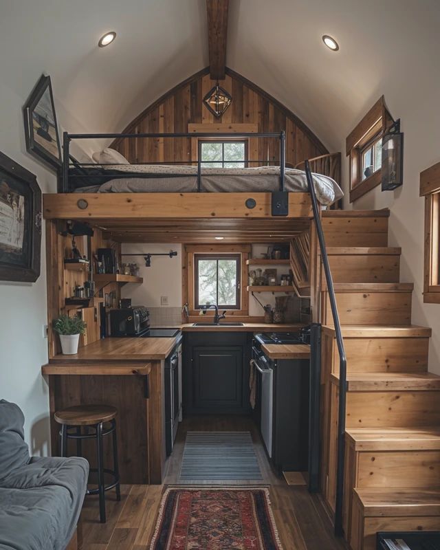 Tiny House Living 🏠 Shed House Loft, Tiny Home Western, Mini Shed House Ideas, Tiny House Features, Tiny House On Wheels Interior Design, Tiny House Vintage Style, Tiny Home Rental Ideas, Micro Tiny House Interior, Tiny House Luxury Small Homes