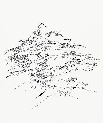 a black and white drawing of a mountain with lots of writing on the bottom half