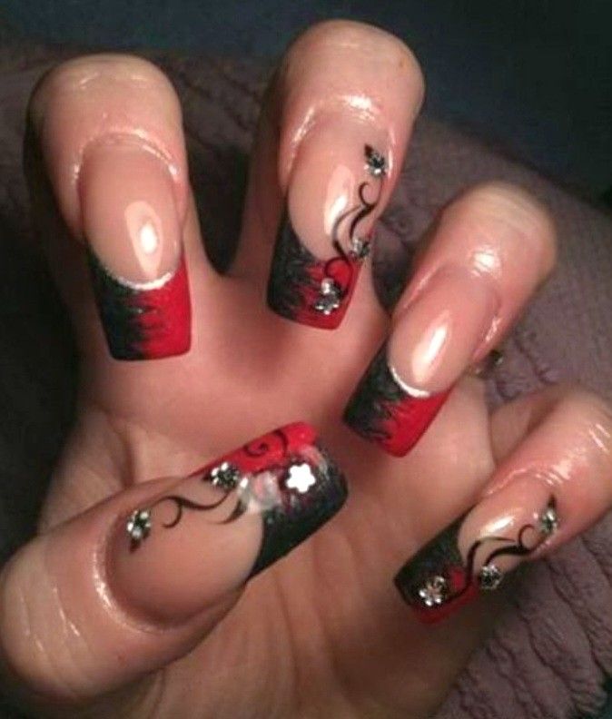 Gel Nails Red, Red Black Nails, Pink Black Nails, Black Nail Art, Black Nail Designs, Nails Red, Great Nails, Black Nail, Pretty Nail Art