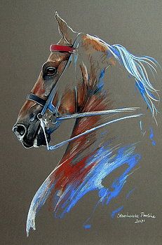 a drawing of a horse with red, white and blue manes