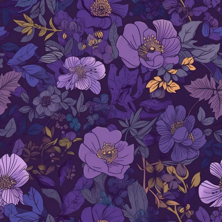 purple flowers and leaves on a dark blue background with gold foiled accents are the focal point for this seamless floral wallpaper