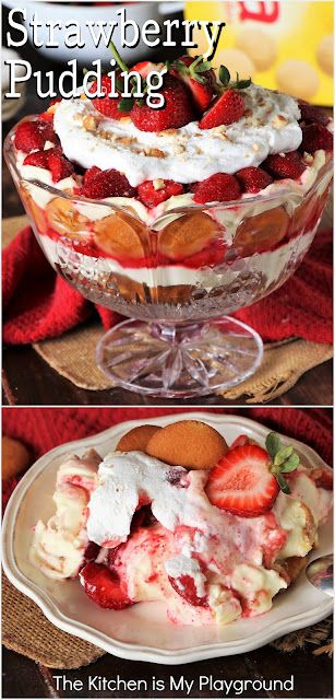 strawberry pudding in a glass dish with whipped cream and strawberries on top