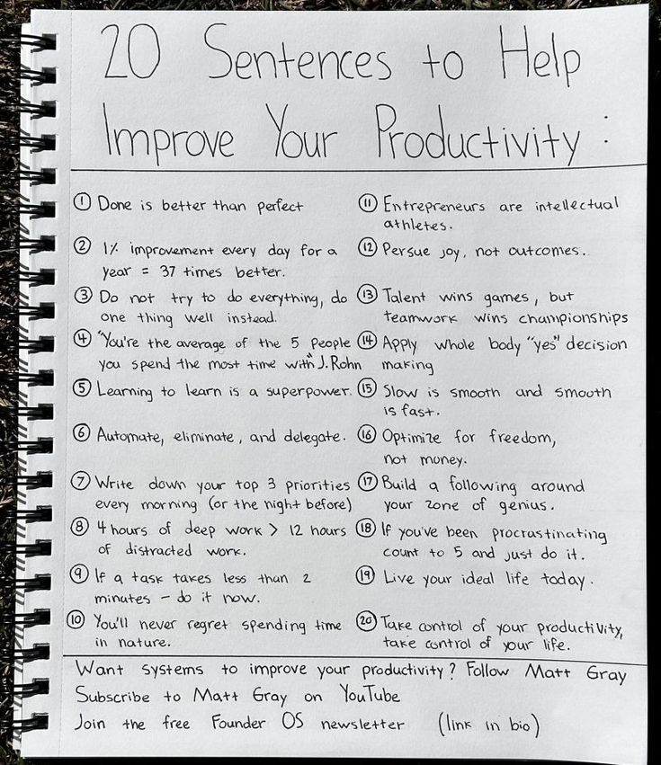 a notebook with writing on it that says 20 sentences to help improve your product