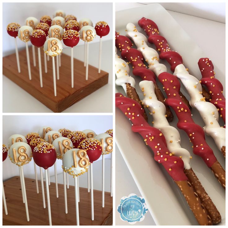 several pictures of cake pops with white and red icing on them, along with other desserts