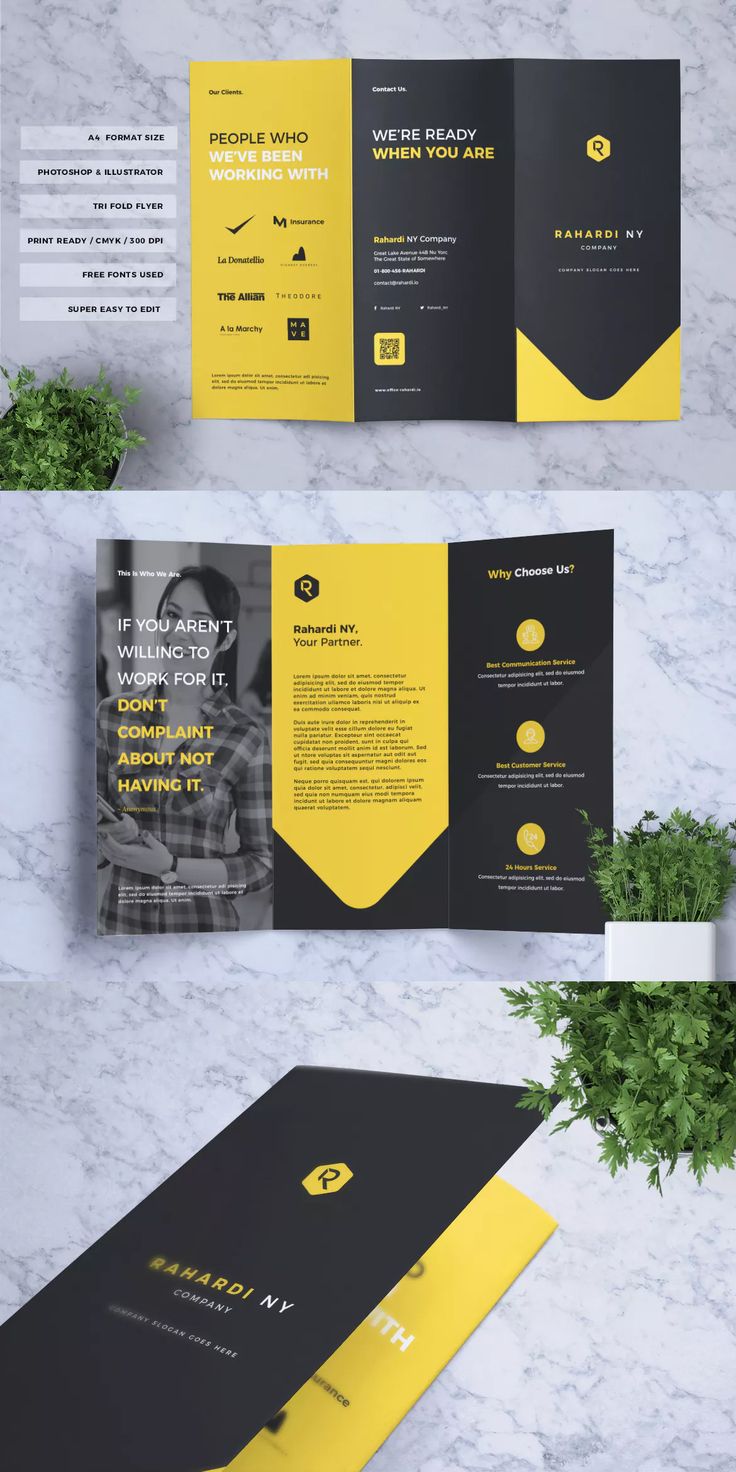 three fold brochure mockup with yellow and black accents on the front, back and