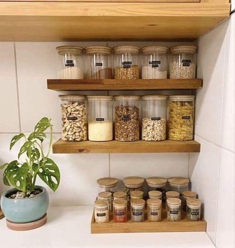 the shelves are filled with various types of food