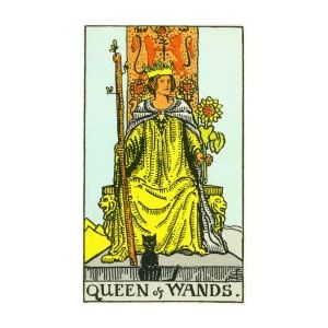 the queen of wands tarot card sticker is shown in blue and yellow