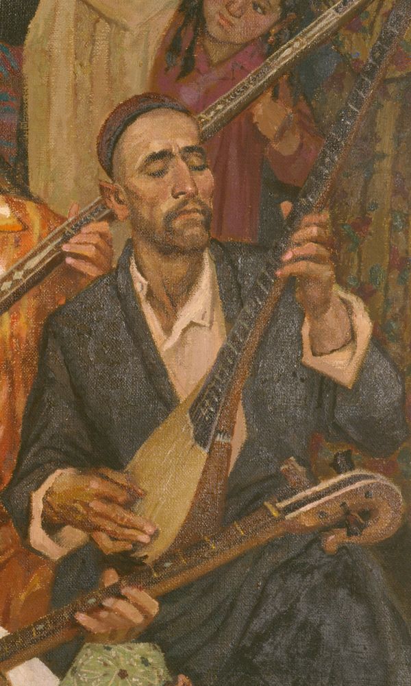 a painting of a man playing the lute while others look on from behind him