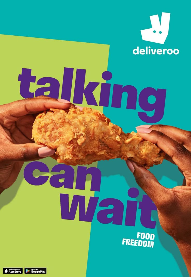 two hands holding food in front of a green and blue background with the words talking can wait