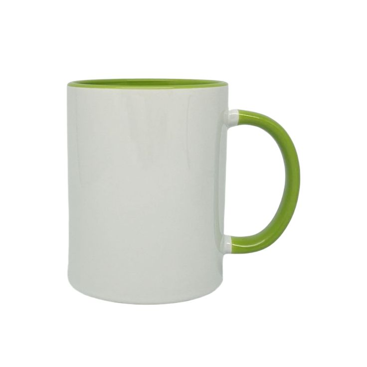 a green and white coffee mug on a white background with the bottom half turned down