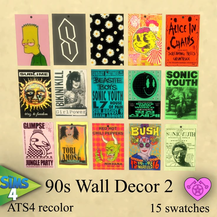 various posters are arranged in the shape of an art decoor, with text that reads 90's wall decor 2 at $ 15 swatches