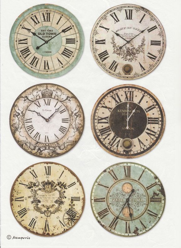 four different clocks with roman numerals and numbers on the faces, all in various colors