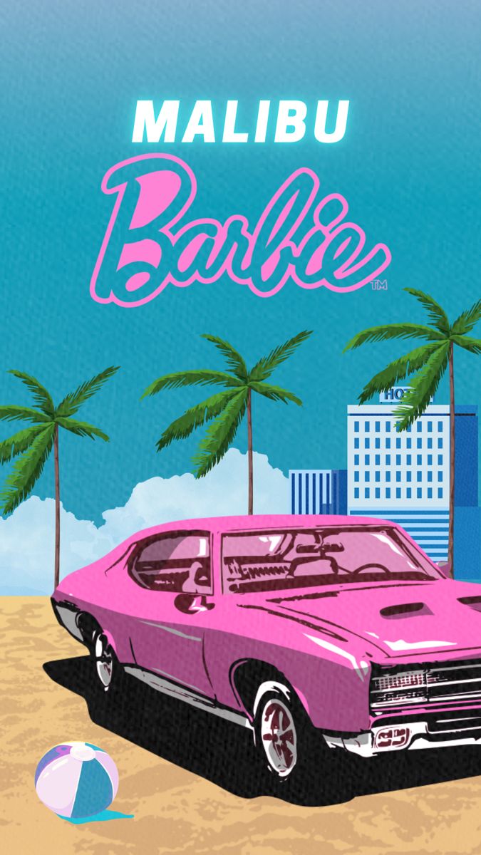 a pink car is parked on the beach with palm trees and buildings in the background