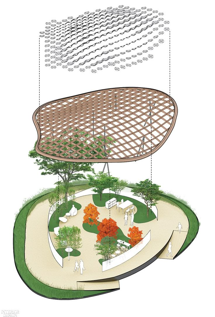 an artistic rendering of a circular structure with trees and people walking around in the background