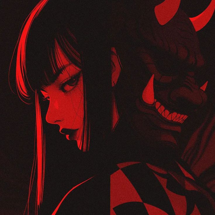 a woman with long hair standing in front of a demonic looking demon and devil face