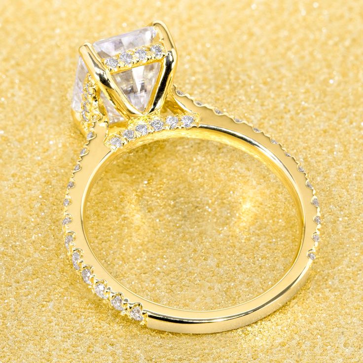 14K Gold 2.7ct Radiant-cut Hidden Halo Cathedral Moissanite and Diamond Engagement Ring | Earthena Jewelry Classic Engagement Ring Gold, Classic Engagement, Cathedral Engagement Rings, Radiant Cut Engagement Rings, Radiant Cut Diamond, Classic Engagement Rings, Band Engagement Ring, Shop Engagement Rings, Halo Engagement