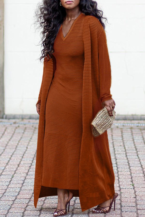 Textured Knit Dress & Kimono Set – JDONGVAK Symphony Outfit What To Wear To The, Black Woman Fashion Classy, Comfort Style, Brown Long Sleeve Kimono For Vacation, Chic Brown Long Sleeve Sweater Coat, Classy Comfy Outfits, Stylish Office Outfits, Black Women Fashion Classy Chic, Wealthy Outfits