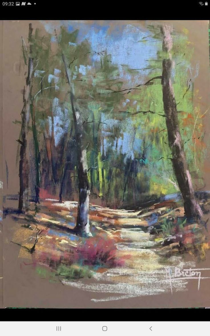 an oil painting of trees in the woods