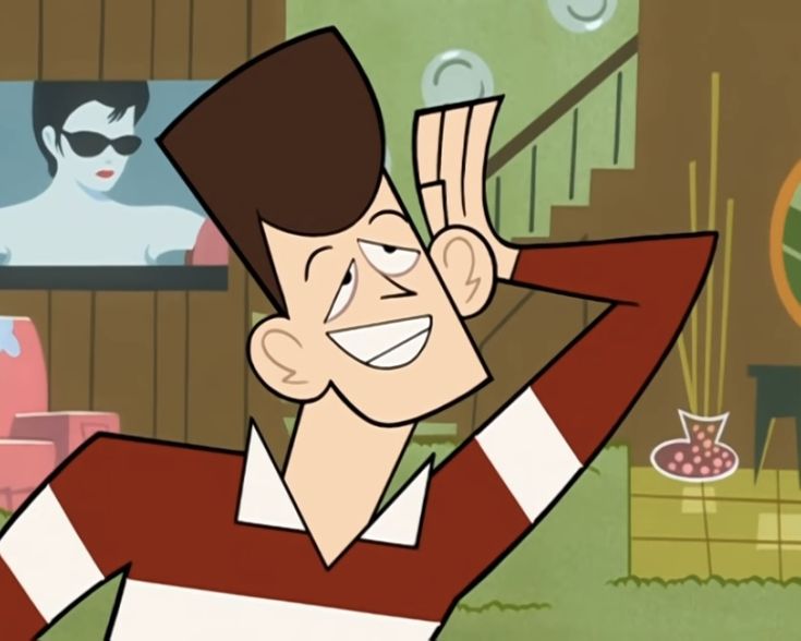 a cartoon character is smiling and holding his hands up in the air with one hand