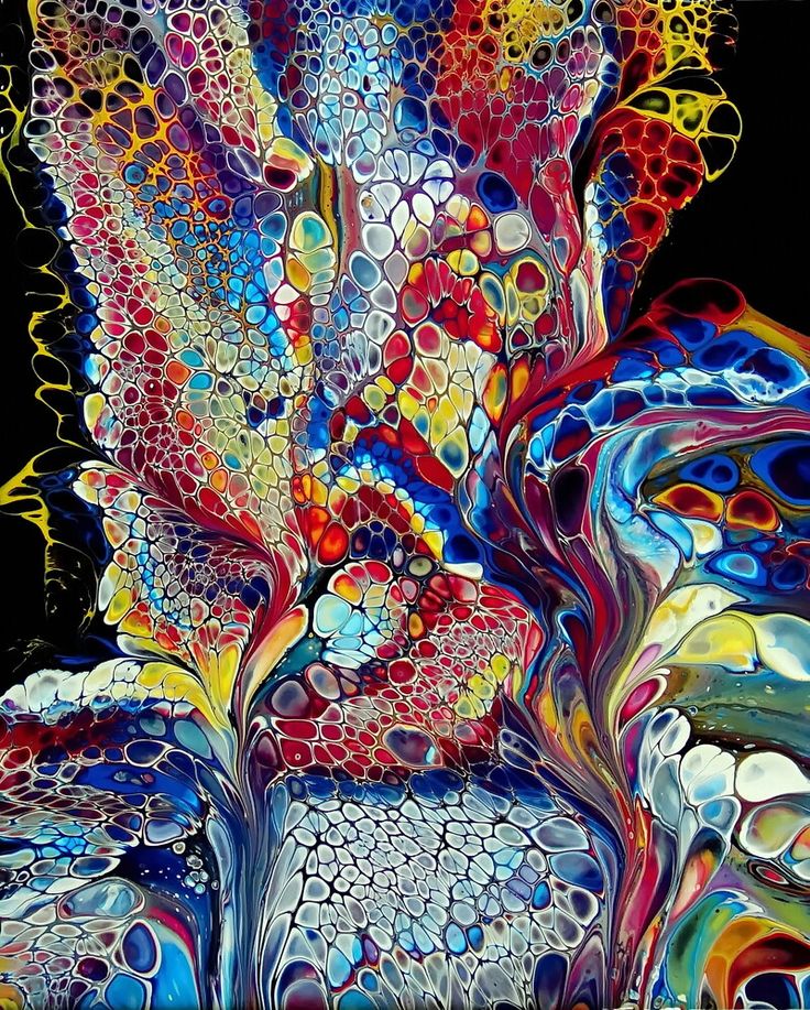 an abstract painting with lots of colors and bubbles on it's surface, as well as