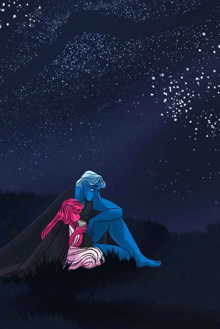 two people sitting on the ground under stars in the night sky, one is hugging the other's head