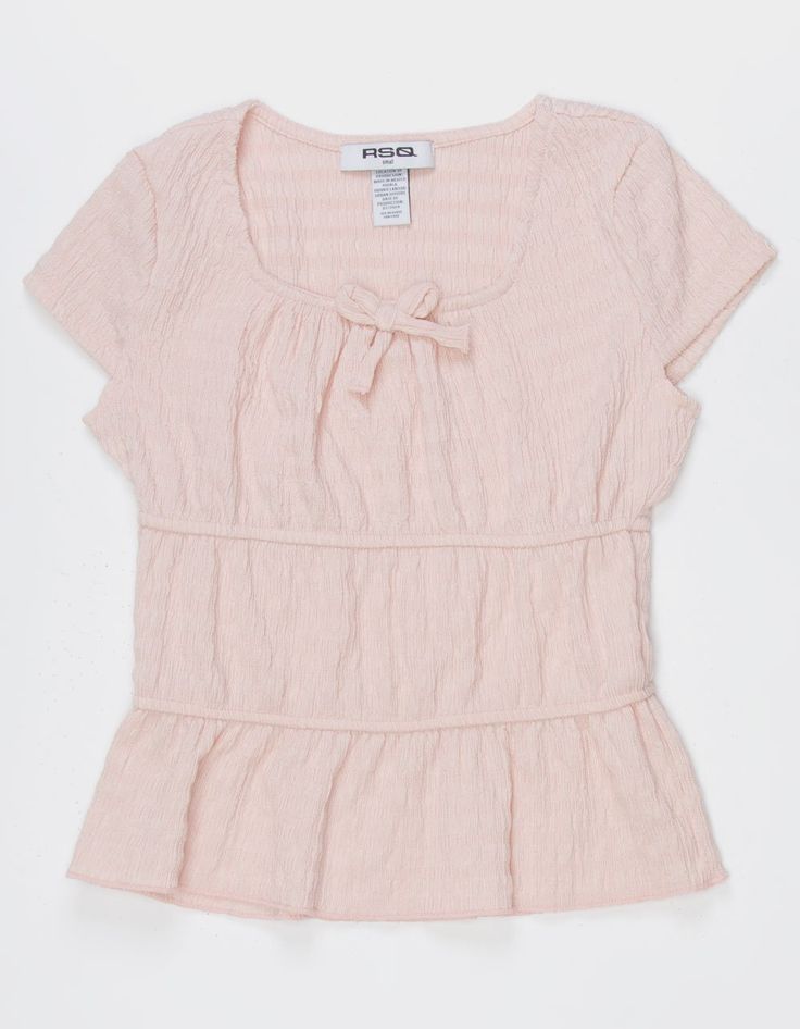 Rsq Solid Babydoll Top. Solid Tiered Top. Allover Textured Fabric. Squared Neckline With Bow Detail. Short Sleeve. 92% Polyester 8% Spandex. Hand Wash. Imported. | Rsq Girls Solid Babydoll Top Cute Girly Tops, Baby Doll Tops, Babydoll Tops, School Dr, Girly Tops, 90s Clothes, Wwe T Shirts, Flannel Sweatshirt, Cottagecore Clothes