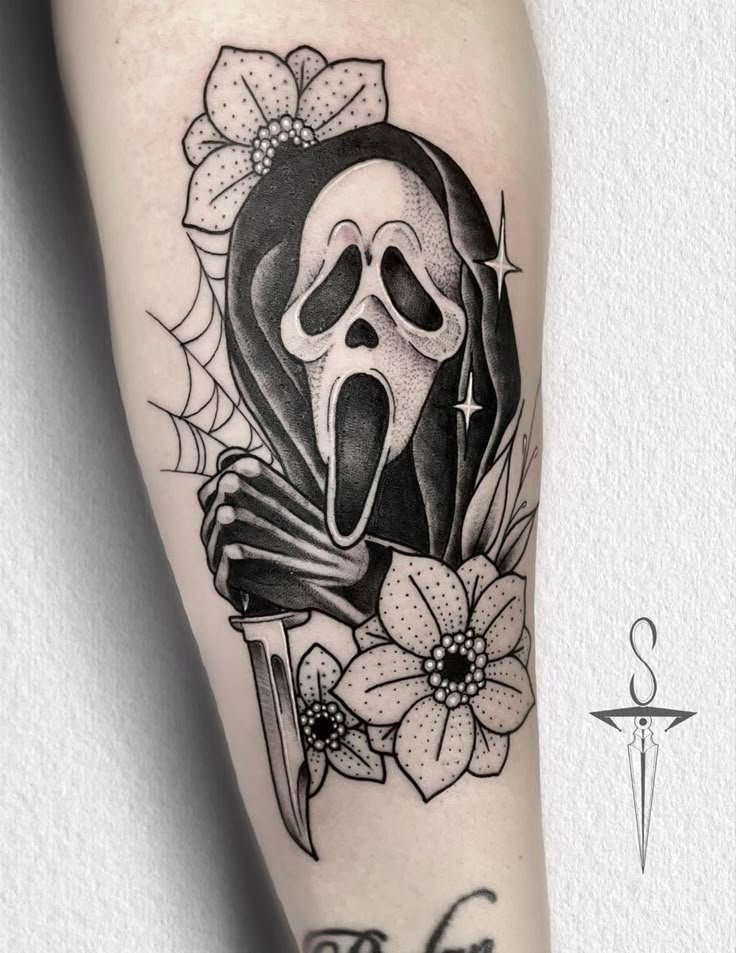 a black and white tattoo design of a grimy ghost holding a knife with flowers around it