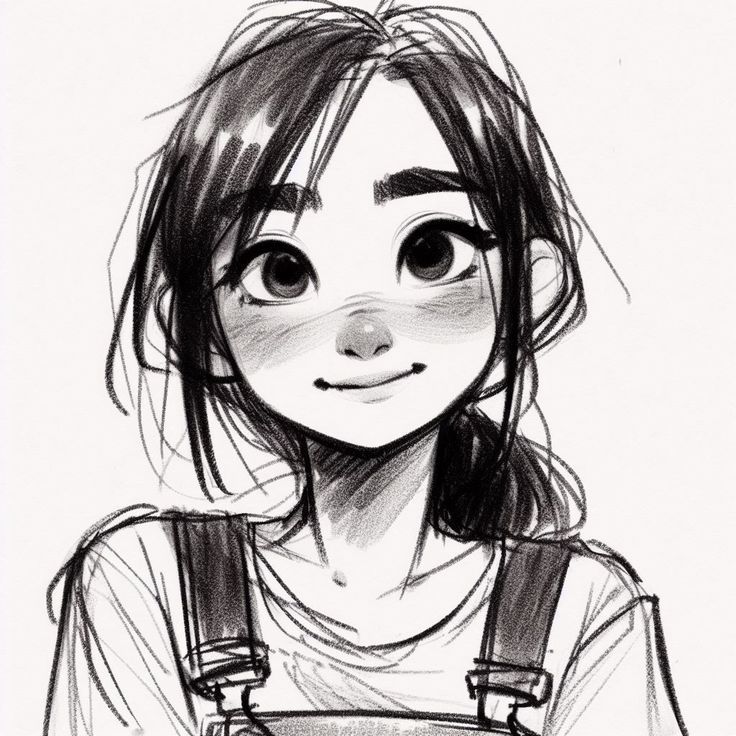 a black and white drawing of a girl with suspenders looking at the camera smiling