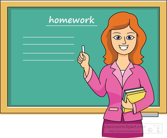 a woman standing in front of a chalkboard with homework written on it and holding a folder