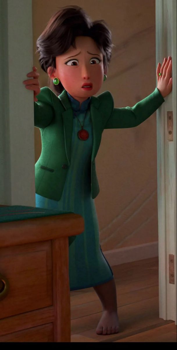 a cartoon character is standing in front of a door and holding her hand out to the side