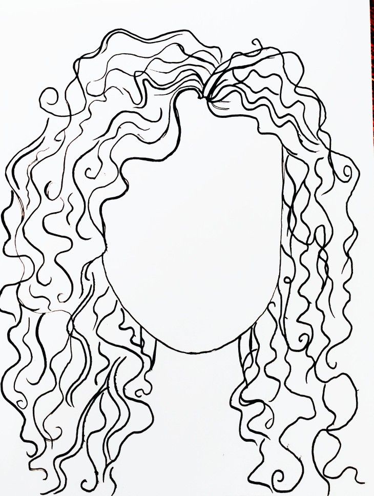 Curly Hair Outline Drawing, How To Draw Corkscrew Curls, Curly Hair Tattoo Design, Curly Hair Doodle, Hair Outline Drawing, Curly Hair Embroidery, Curly Hair Line Art, Paint Curly Hair, Curly Hair Silhouette