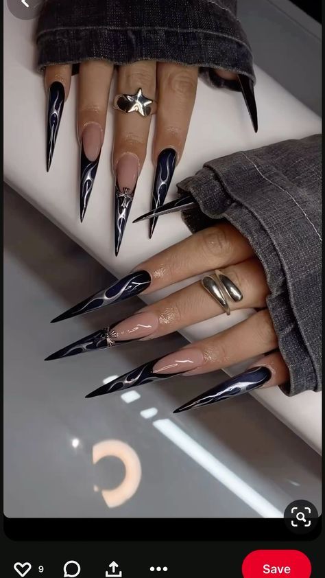 Long Sharp Nails Design, Stiletto Nails Black French Tip, Stilletos Nails Long, Long Stiletto Nails Design Classy, Black French Tip Stiletto Nails, Sharp Black Nails, Long Black Stiletto Nails, Tap Nails, Long Stiletto Acrylic Nails