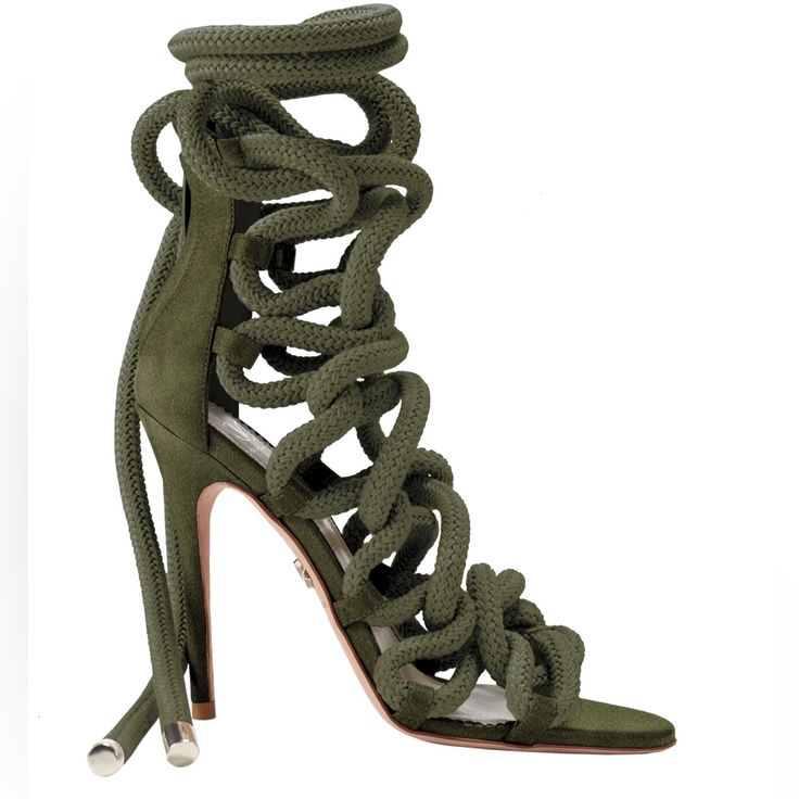 Brand New In Box Never Worn! Fits Size 10/10.5 The Carla Sandals Have Been Seen On Countless Street-Style Pictures - Jennifer Lopez, Ciara, Kylie Jenner, Joan Smalls Are All Fans Of The Style. Carefully Crafted With Soft Army Green Suede, This Rope Lace-Up Gladiator Is Set On A Slender Stiletto Heel. Tonal Colored Rope Wrap And Tie Effortlessly Up The Leg. The Metal Silver End Pieces Give This Style That High Luxury Finish. Silver Zip Along The Back Makes For Easy Fastening And Removing. Materia Rope Sandals, Colored Rope, Gladiator Heels, Braided Rope, Green Suede, Suede Sandals, Dress Sandals, Strappy Sandals, Womens Heels