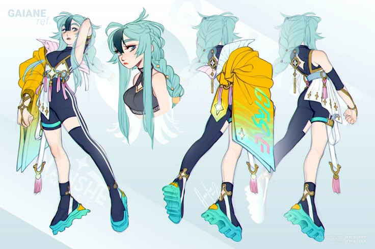 three different views of an anime character with blue hair and green eyes, wearing black clothes