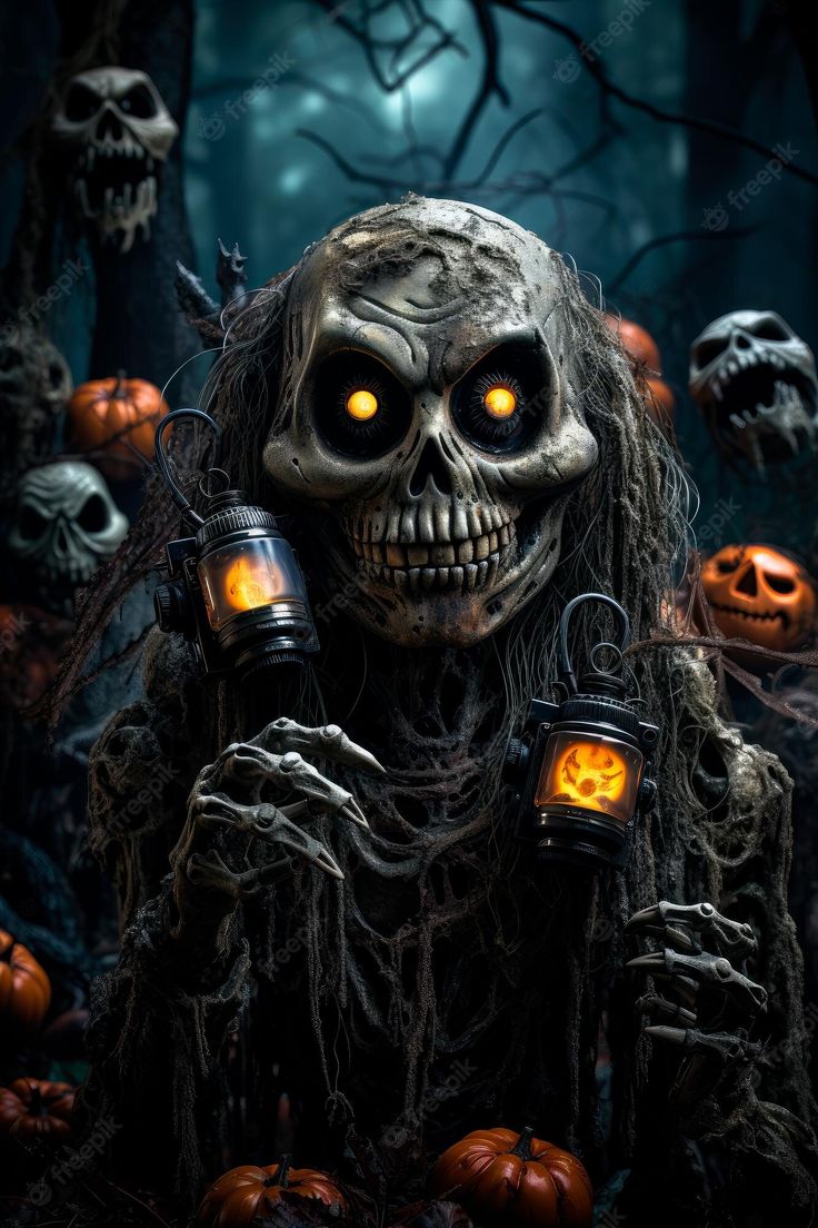 a creepy skeleton with glowing eyes holding two lantern lights in front of some pumpkins