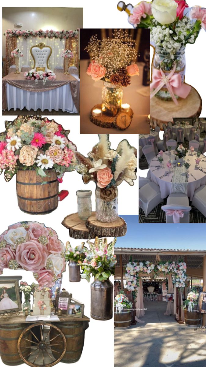 a collage of photos with flowers and wedding decorations in vases, chairs, tables